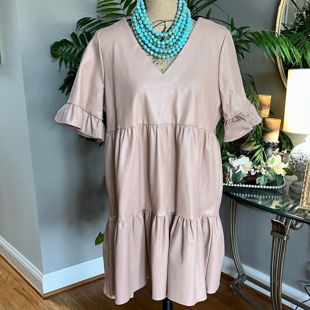 Ciebon Elegant Tan Faux Leather Tiered Mini Dress